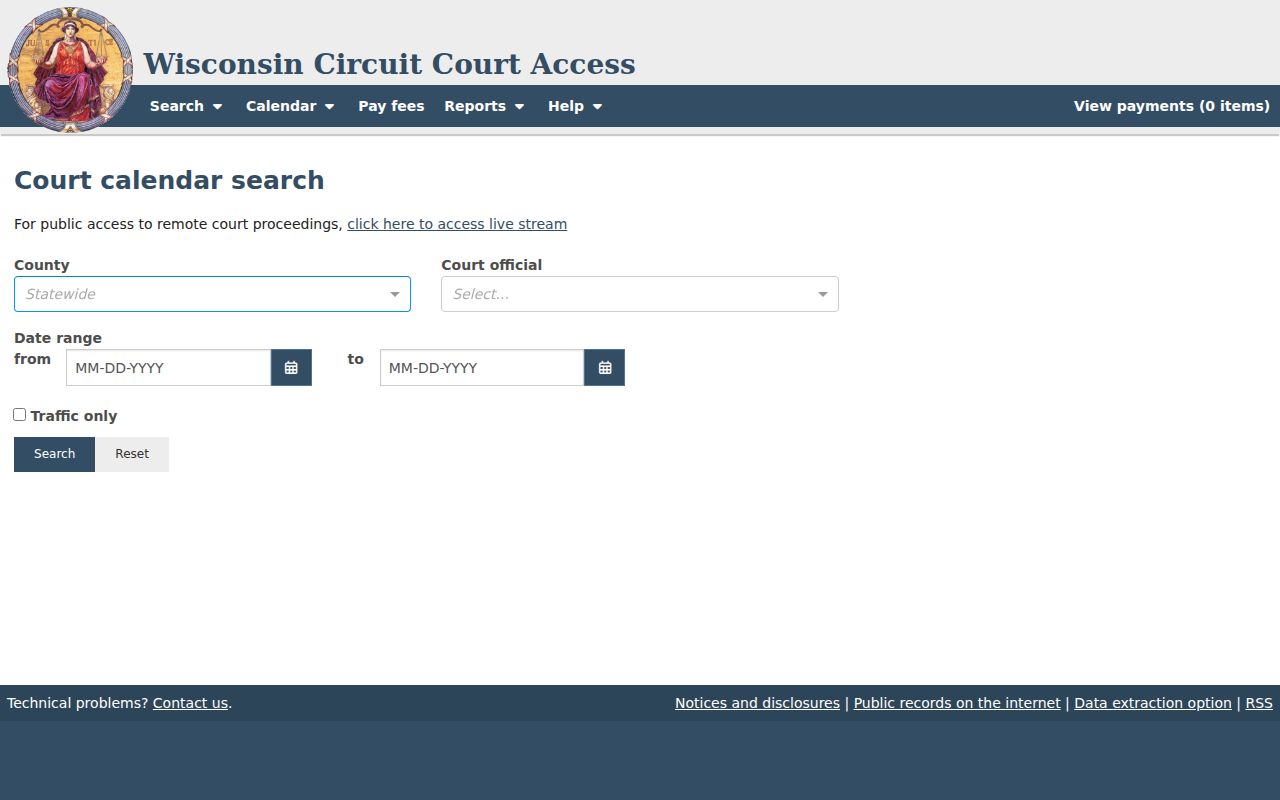 Milwaukee County court calendar official and date range controls