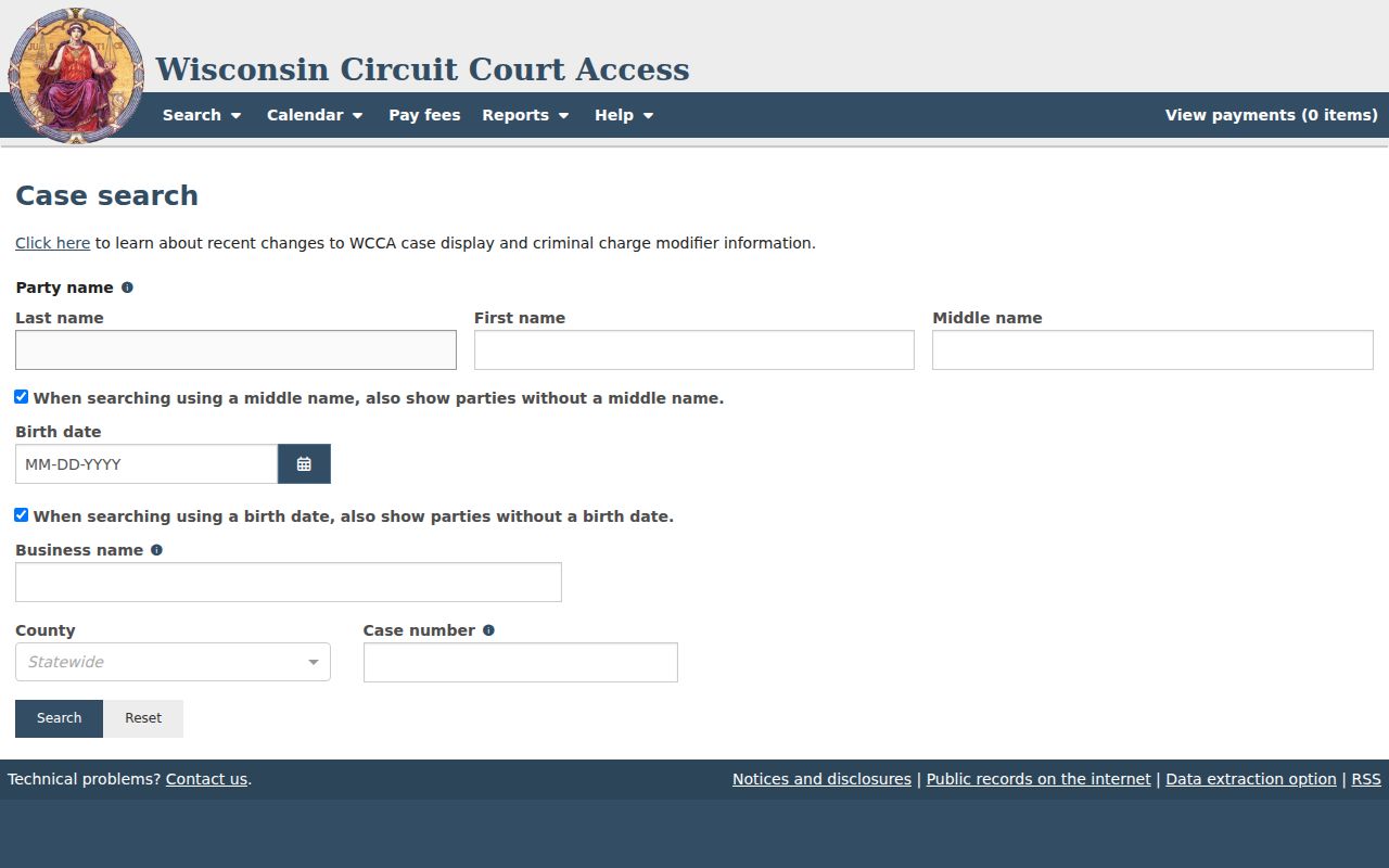 Milwaukee County criminal docket name and case number search controls