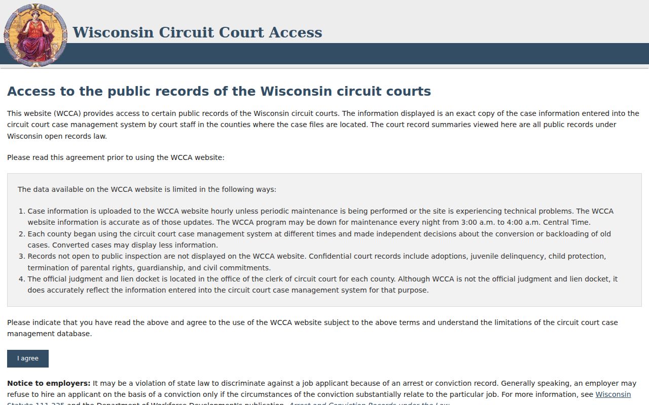 Wisconsin Circuit Court Access public case search start screen for Milwaukee County