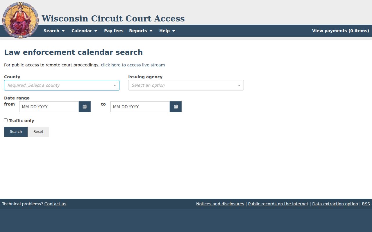 Milwaukee County court calendar issuing agency filter