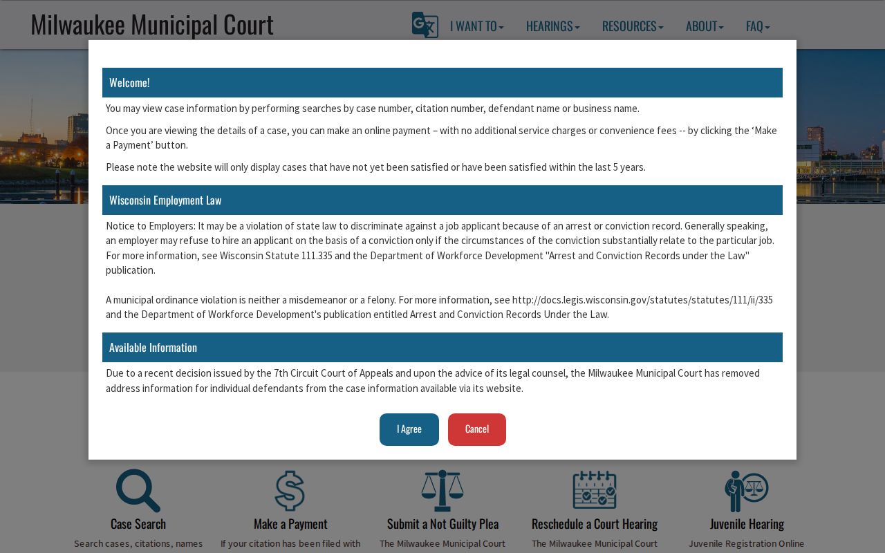 Milwaukee Municipal Court citation lookup tabs and search notice