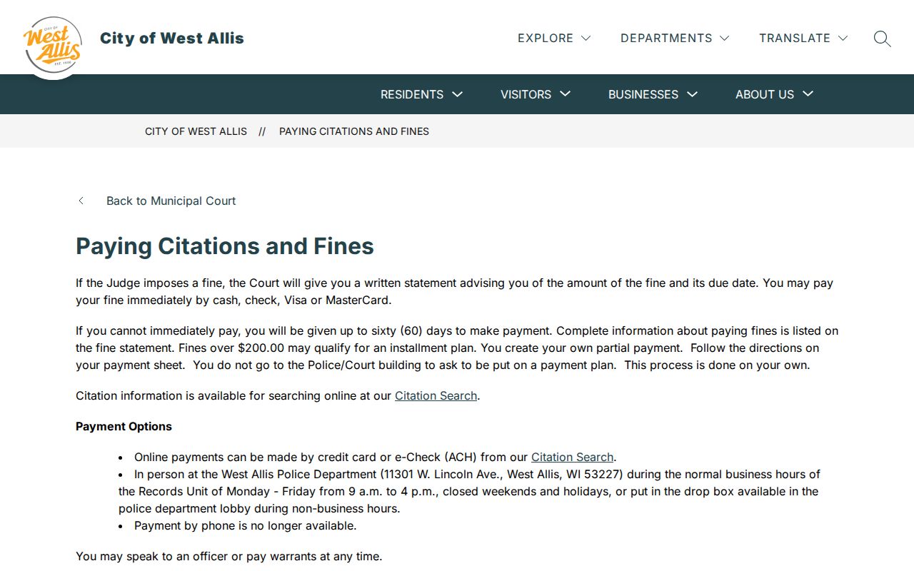 West Allis Citation Search and official payment channel information