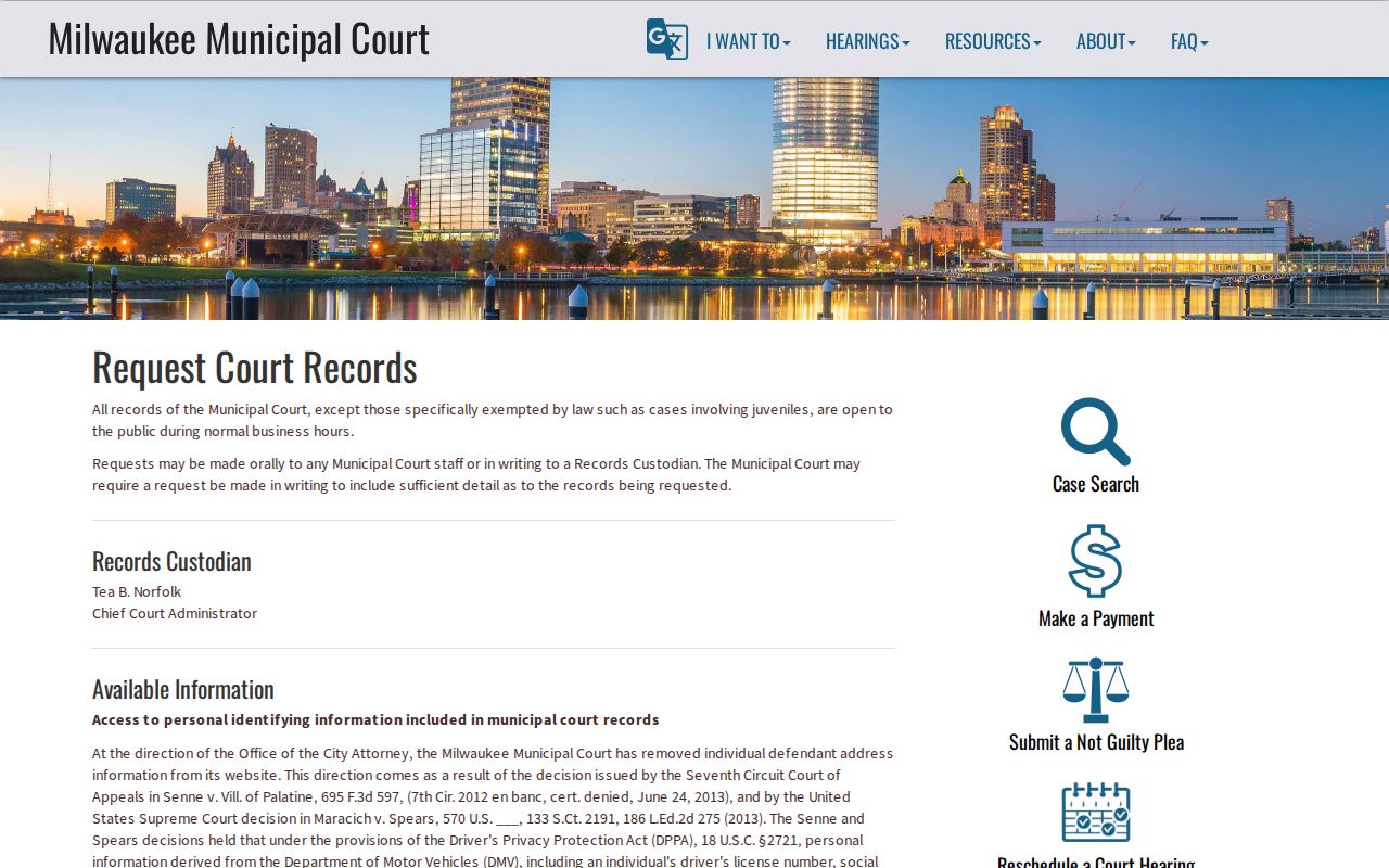 Milwaukee Municipal Court records custodian and court record request information