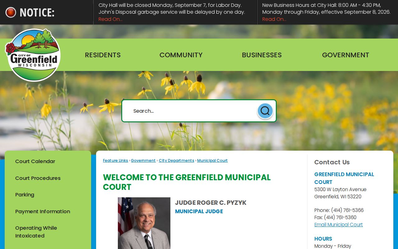 Greenfield Municipal Court official contact and payment page