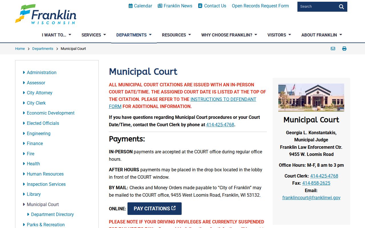 Franklin Municipal Court schedule, payment, and reopening information